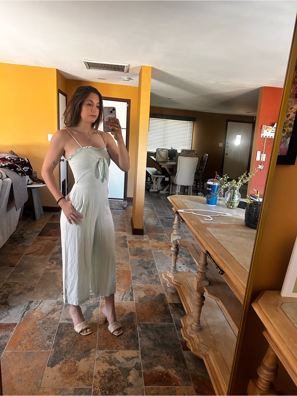 Blue Rain Light Sage Green Cropped Wide Leg Jumpsuit Small Tie Front Pockets